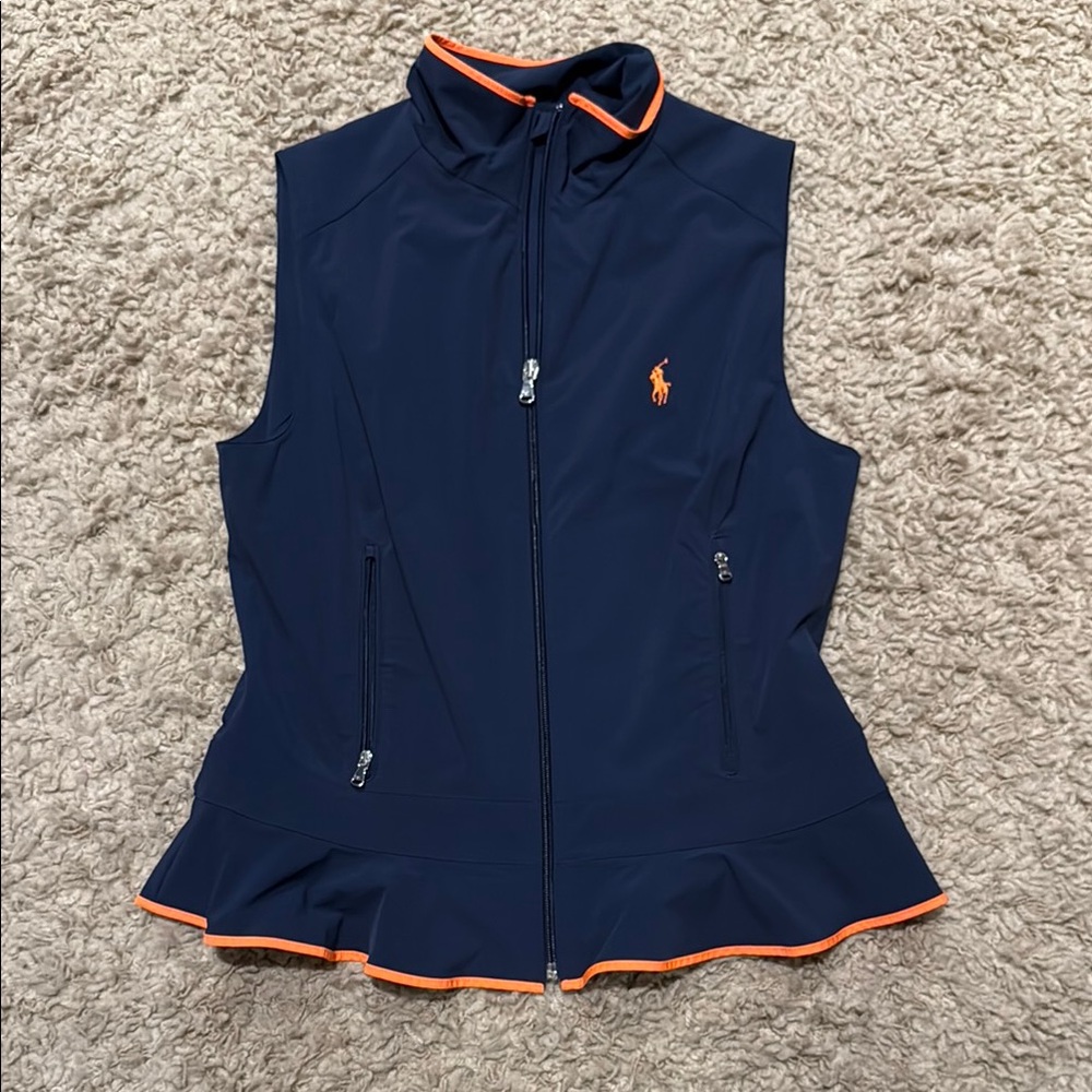 Women’s Polo Golf Ralph Lauren Navy Blue Peplum Vest with Orange Trim Medium